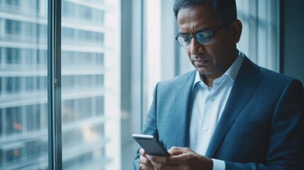 Fototapeta premium Busy Businessman Checking Phone amidst High-Rise Office Environment