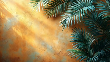 A vibrant orange wall with lush green palm leaves, creating a tropical ambiance.