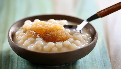 close up of a creamy tapioca dessert showcasing its soft velvety texture and light bubbles the spoon captures the dessertrs airy consistency making it a comforting and indulgent treat