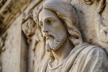 Obraz premium Close-up of a stone sculpture of Jesus Christ, with a beard and long hair. The sculpture is part of a larger architectural piece.