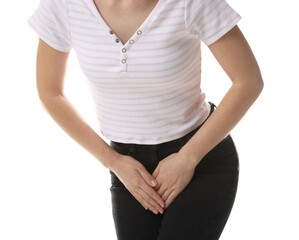 STD (sexually transmitted disease). Woman suffering from symptoms on white background, closeup