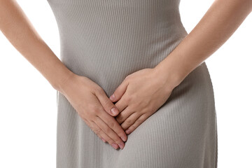 STD (sexually transmitted disease). Woman suffering from symptoms on white background, closeup