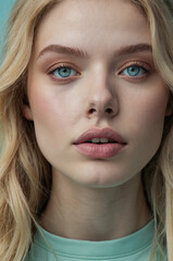 Fresh, Modern Portrait of Blonde Woman with Soft Blue Eyes and Tousled Hair