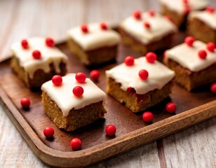festive white chocolate blondies with red sugar pearls on wooden tray elegant white chocolate blondies topped with smooth icing and sprinkled with red sugar pearls arranged on a wooden tray