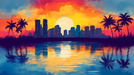 Painting of horizon with palmtrees silhouette, retro, miami vice style, reflections on water, city skyline buildings. Retro Synthwave Horizon. Illustration