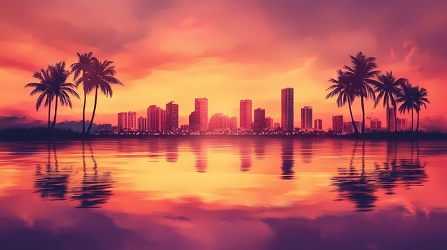 Painting of horizon with palmtrees silhouette, retro, miami vice style, reflections on water, city skyline buildings. Retro Synthwave Horizon. Illustration