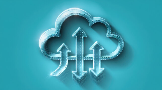 Stylized blue cloud with ascending arrows, symbolizing data upload and cloud technology advancements.