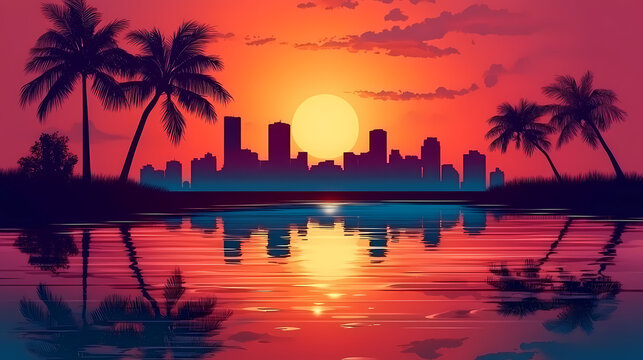 Painting of horizon with palmtrees silhouette, retro, miami vice style, reflections on water, city skyline buildings. Retro Synthwave Horizon. Illustration