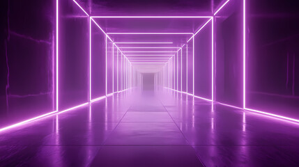 Fototapeta premium Neon wireframe horizon background the light purple square floor glows. Retro Synthwave Horizon. Illustration