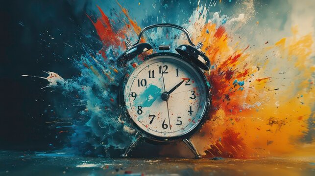Exploding alarm clock with a dynamic abstract paint splatter design representing the chaotic disruption of time urgency and a sense of crisis or emergency