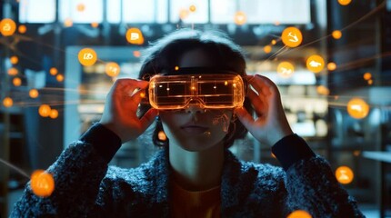 A woman wearing virtual reality glasses is connected to many social media connections, with icons floating in the air around them.generative ai	 - Powered by Adobe