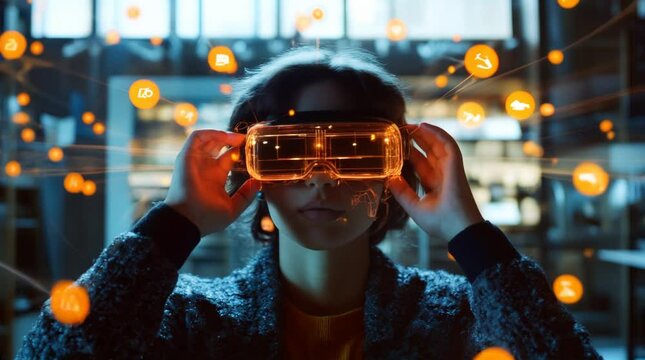 A woman wearing virtual reality glasses is connected to many social media connections, with icons floating in the air around them.generative ai	