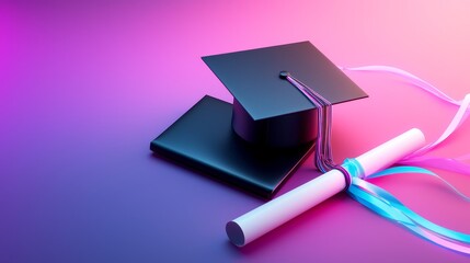 Graduation cap and diploma, set on a lively gradient background with bright, celebratory colors, dynamic lighting, festive and modern feel