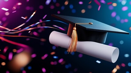 Graduation hat and diploma against a lively, colorful abstract backdrop, confetti details in the background, uplifting mood, celebrating success