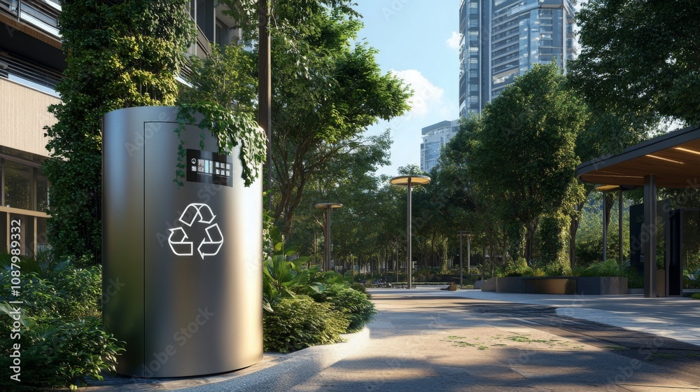 Poster a sleek recycling station stands in a vibrant green park, with sunlight filtering through the trees.