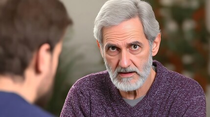 An older man with gray hair engages in a serious conversation with a younger man.