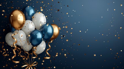 Celebration with Blue White Gold Balloons and Confetti on Dark Blue Background