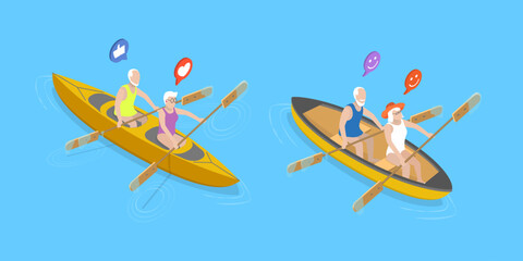 3D Isometric Flat Vector Illustration of Elderly Couple Having Fun, Delight In Outdoor Adventures