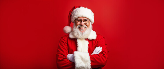 Cheerful Santa Claus in a red suit with a friendly smile, standing against a bright red backdrop, embodying the spirit of Christmas and holiday joy.

