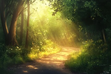 Obraz premium A sunlit path winds through a lush green forest, with beams of light filtering through the trees.