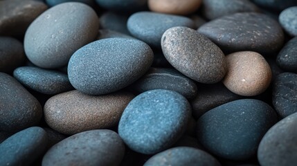 A close-up view of smooth, gray and brown river rocks, piled together.
