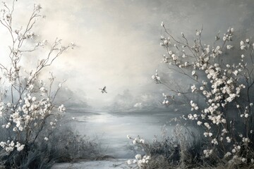 A misty, dreamy landscape with a single bird flying over a lake, framed by flowering branches.