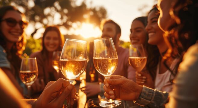 Friends toasting with wine at a sunset vineyard party, enjoying music and laughter, wine tasting experience, outdoor celebration