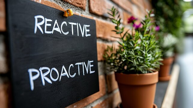 A motivational sign on a brick wall highlighting the contrast between reactive and proactive attitudes.