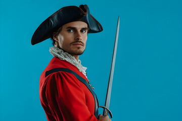 A French musketeer in period attire with a rapier, standing confidently against a royal blue background, representing elegance and valor. A musketeer poised for action.


