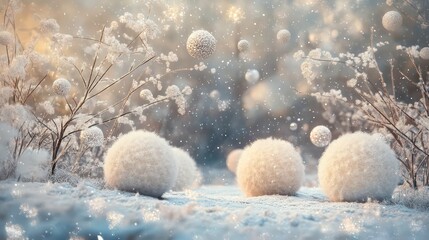 Enchanting pom pom spheres soft and fluffy as snow gently floating in a serene ethereal winter landscape adorned with delicate floral elements and shimmering glittering snowfall This whimsical