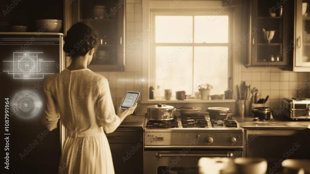 Poster A person interacts with a smart appliance in a stylish kitchen, using a tablet to enhance their cooking process and efficiency. Generative AI