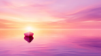 Obraz premium serene boat floats on vibrant pink sunset sea