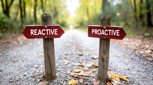 A fork in the road with wooden signs indicating 'Reactive' and 'Proactive' on a serene autumn day.