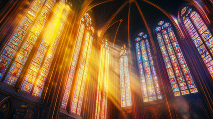 Obraz premium Stunning stained glass windows illuminate grand cathedral interior