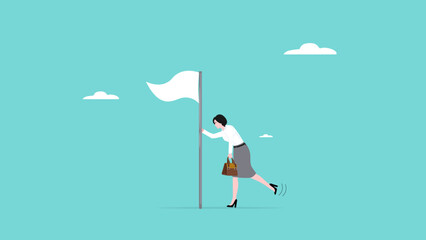 businesswoman surrender while holding a white flagpole vector illustration