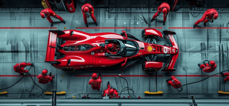 Pit crew working on race car engine during pit stop from top view with motion blur - Powered by Adobe