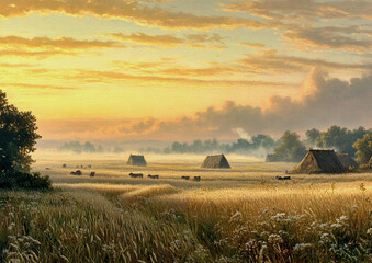 Paintings rural landscape, sunset in the countryside, landscape with barn, sunrise over the field