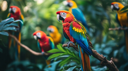 Obraz premium Colorful parrots perched in lush tropical jungle scene
