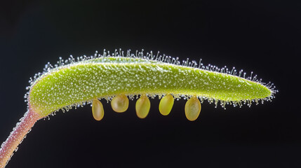 Naklejka premium Butterwort Leaf Macro: Glandular Hairs, Dewdrops, Seed Pods