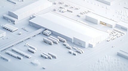 A minimalist 3D rendering of an industrial facility with trucks and storage areas.