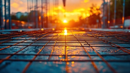 Sunset over construction site with metal grid.