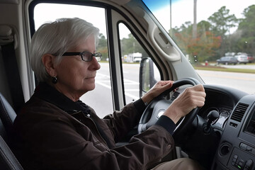 Naklejka premium White-haired senior woman in the cabin of a motor home driving