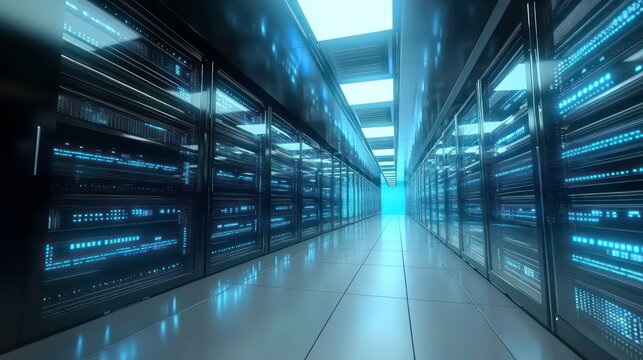 A futuristic server room with rows of illuminated servers.