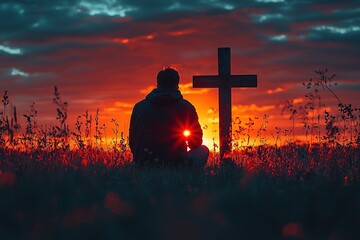 A man in silhouette, kneeling near a wooden cross at sunset, mourning the loss of a close friend