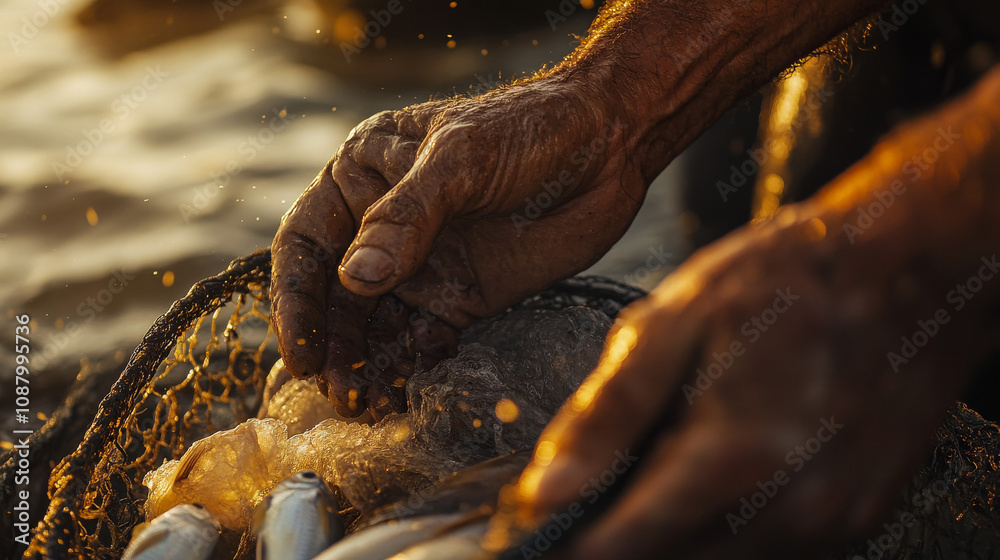 Wall mural fisherman's hands sorting fresh catch in net, sunset, macro