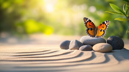 Fototapeta na wymiar Butterfly Resting on Stones in a Zen Garden