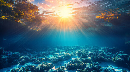 Fototapeta premium crystal-clear water shimmers with a soft light blue hue, evoking tranquility, purity, and the beauty of nature’s serene depths