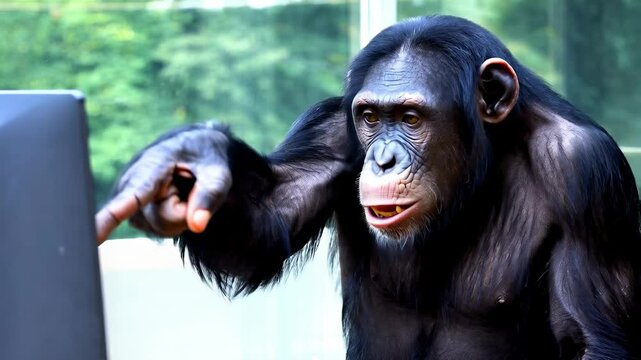 Orangutan Pokes Laptop: Video Call. Funny animal ai video