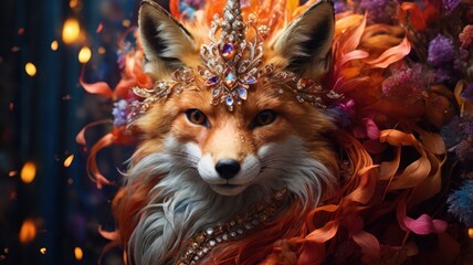 Naklejka premium A red fox wearing a crown of jewels and feathers, looking directly at the camera.