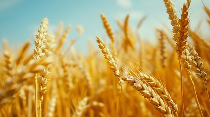 Fototapeta premium A close-up view of golden wheat stalks swaying gently in the breeze under a bright blue sky.